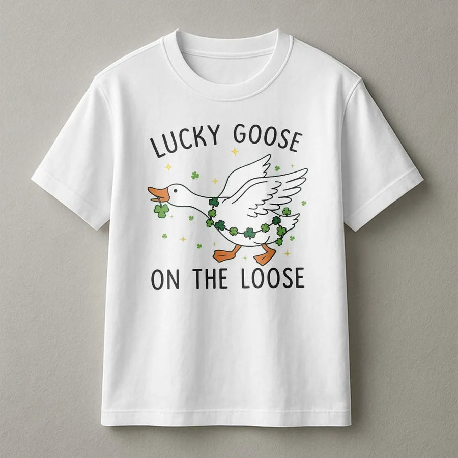 Lucky Goose On The Loose T-Shirt | Funny St. Patricks Day Graphic Tee | Premium Soft Cotton | Irish Shamrock Gift for Goose Lovers