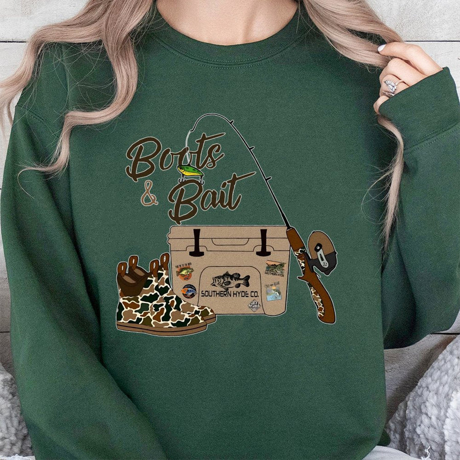 Boots and Bait Fishing Sweatshirt | Rustic Camo Country Graphic | Cotton Blend Unisex Pullover | Perfect Gift for Fisherman and Outdoorsmen