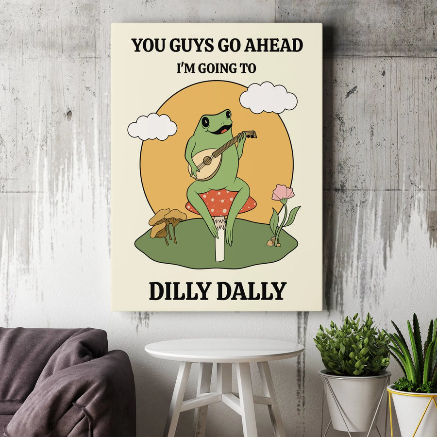 Dilly Dally Frog Wall Art | Funny Toad Playing Lute on Mushroom Print | Premium Gallery Wrap Canvas | Whimsical Nature Home Decor Gift