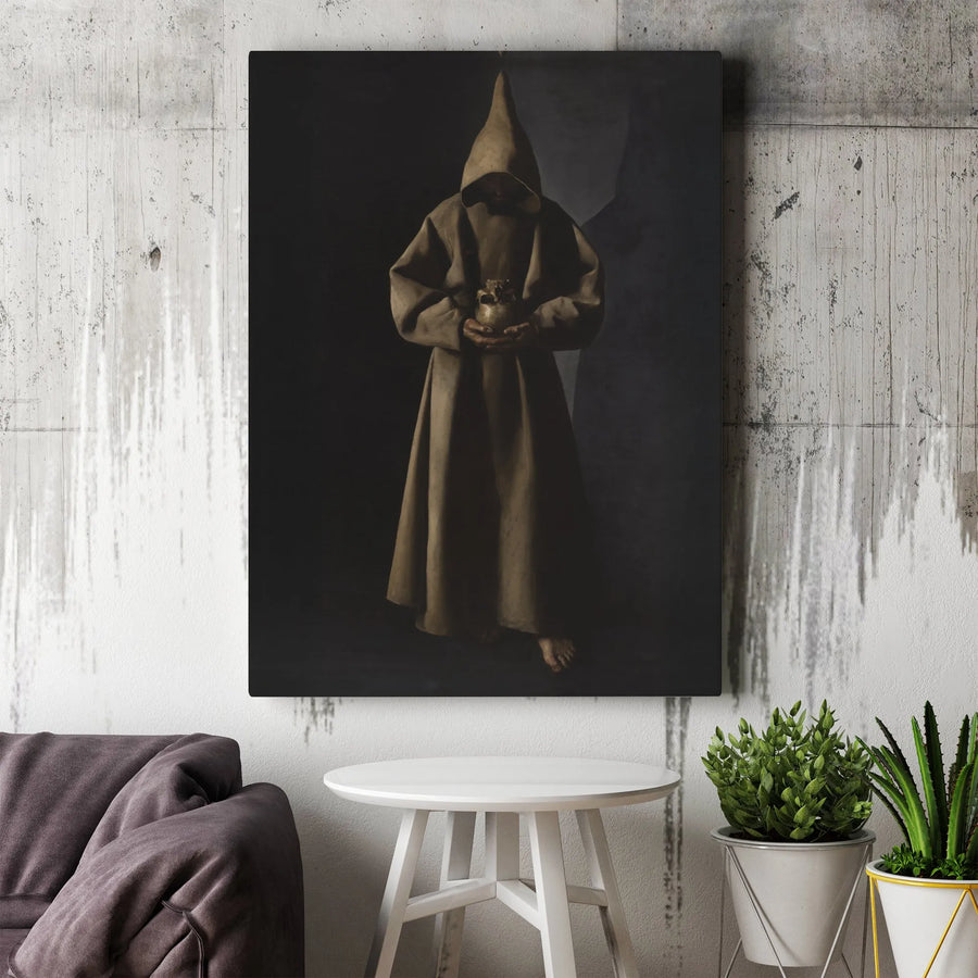 Dark Academia Monk Canvas Wall Art | Gothic Hooded Figure Holding Skull | Premium Gallery Wrap Decor | Moody Spiritual Gift for Home Office