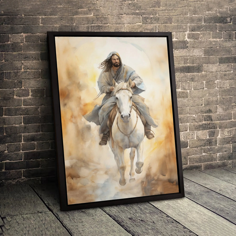 Jesus Riding White Horse Wall Art | Watercolor Religious Canvas Print | 1.25-Inch Gallery Wrap | Christian Home Decor Gift