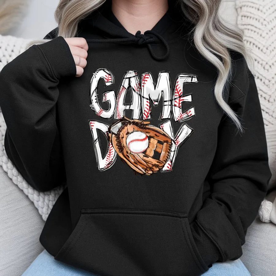 Game Day Baseball Hoodie | Sketch Style Baseball Stitch Graphic | Soft Cotton Unisex Tee | Gift for Baseball Mom and Sports Fans