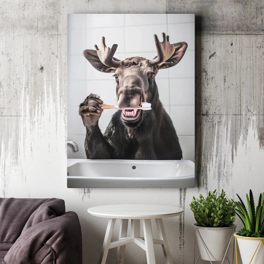 Funny Moose Brushing Teeth Canvas Art | Whimsical Bathroom Wall Decor | Premium Gallery Wrap Print | Unique Gift for Animal Lovers