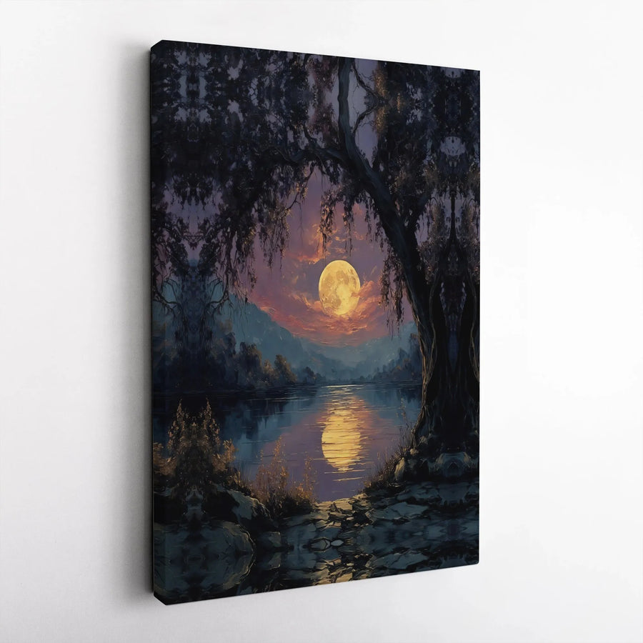 Full Moon Over Lake Canvas Print | Night Landscape Tree Silhouette Art | Premium Fade-Resistant Gallery Wrap | Moody Home Decor Wall Art