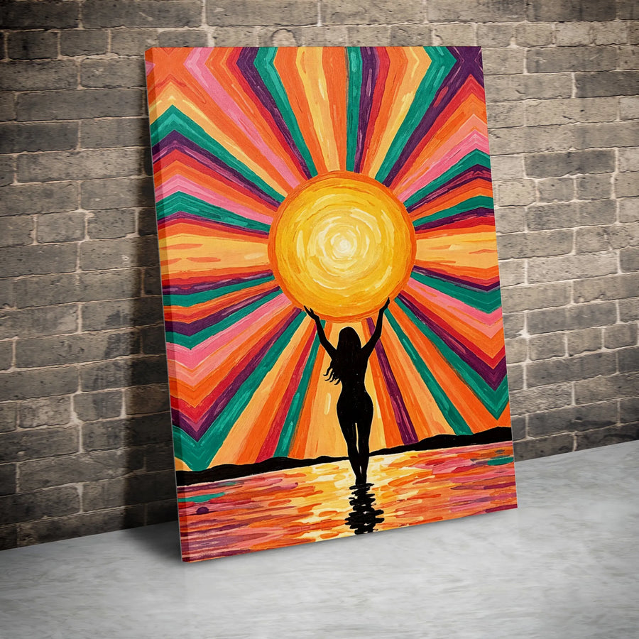 Abstract Sun Goddess Canvas Print | Vibrant Retro Sunburst with Woman Silhouette | Premium Gallery Wrapped Canvas | Boho Home Decor Gift for Her