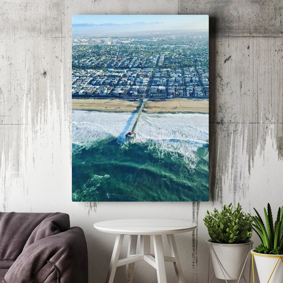 Manhattan Beach Pier Canvas Wall Art | Aerial Ocean Photography | Premium Gallery Wrapped Canvas | Coastal Home Decor Gift