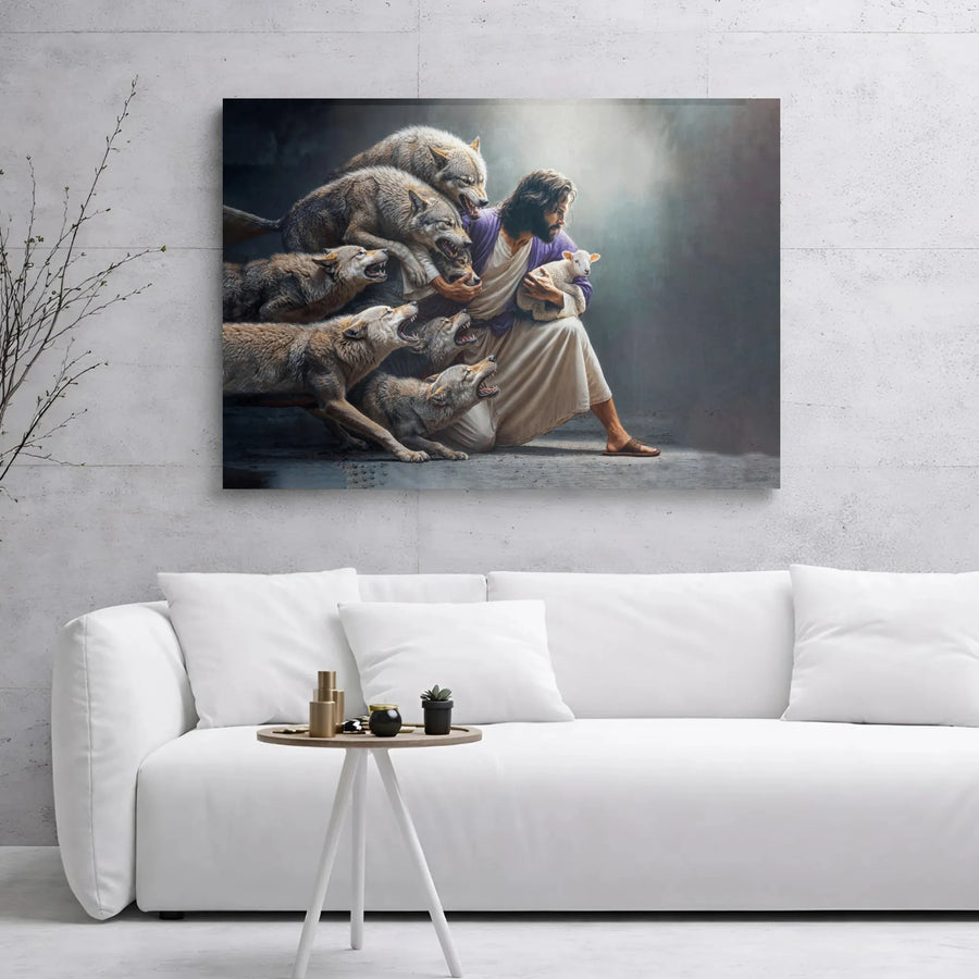 Jesus Protecting Lamb From Wolves Canvas | Religious Wall Art | Premium Gallery Wrap Print | Faithful Home Decor Gift for Believers