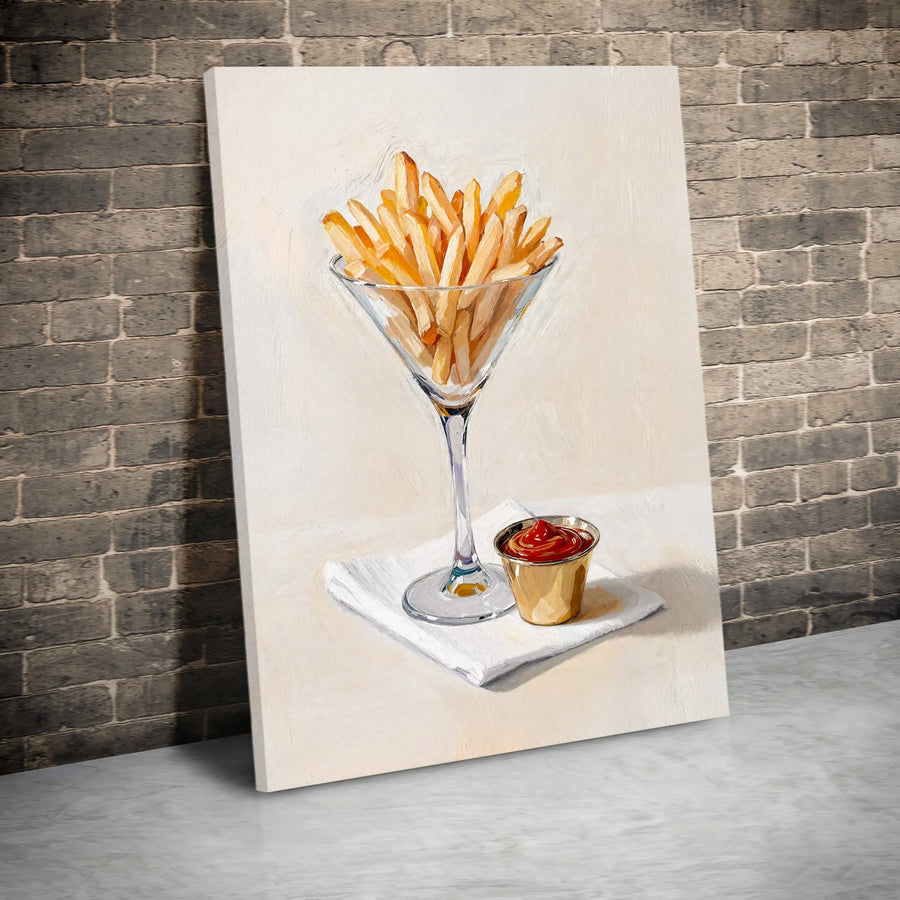 French Fries Martini Glass Wall Art | Whimsical Food Oil Painting Style | Premium Gallery Canvas | Unique Kitchen Decor Gift