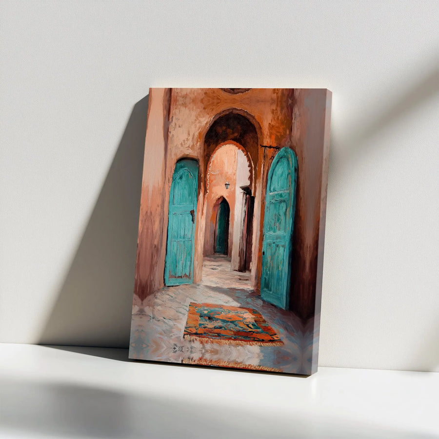 Moroccan Alleyway Canvas Art | Turquoise Door Oil Painting Print | Gallery Wrap 1.25 Inch Wall Decor | Mediterranean Home Decor Gift