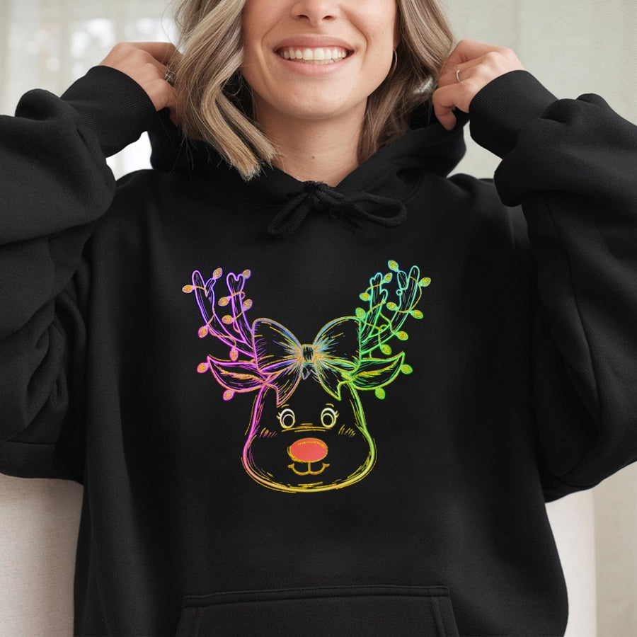 Cute Reindeer Christmas Hoodie | Neon Coquette Bow Holiday Graphic | Premium Cotton Blend | Unisex Festive Gift for Women and Teens