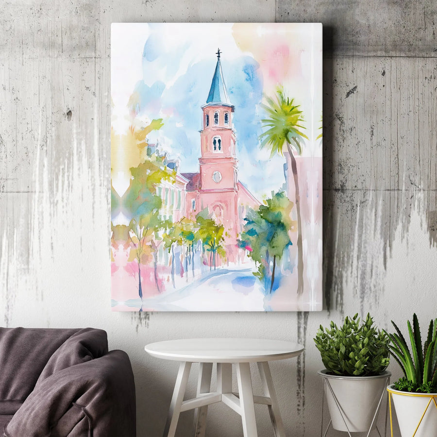 Watercolor Church Canvas Art | Coastal Palm Tree Cathedral Print | Premium Gallery-Wrapped Decor | Elegant Home & Office Wall Gift