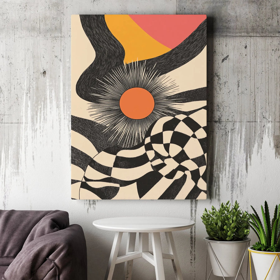 Mid Century Modern Abstract Sun Canvas | Wavy Checkerboard Sunburst Wall Art | Premium 1.25" Gallery Wrap | Boho Aesthetic Home Decor Gift