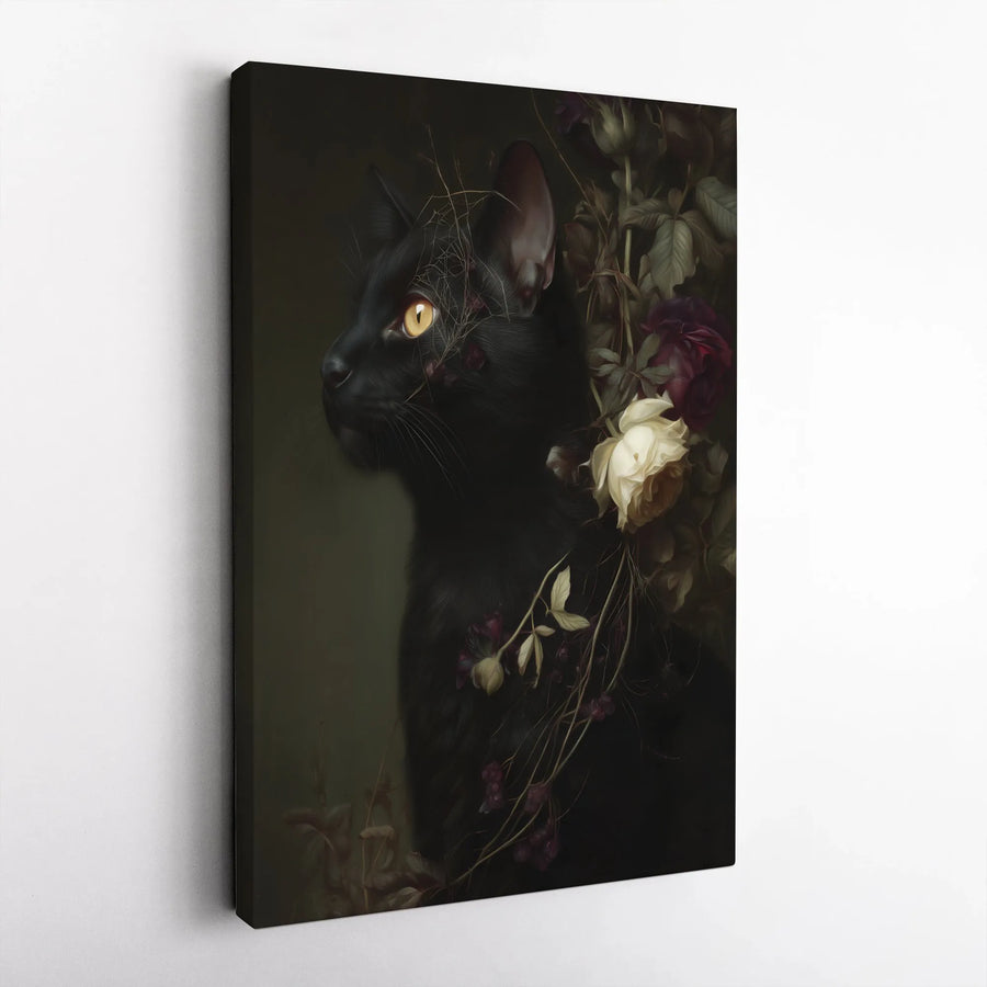 Gothic Black Cat Canvas Art | Moody Floral Spiderweb Portrait | Premium Gallery Wrapped Wall Decor | Dark Academia Witchy Gift for Cat Lovers