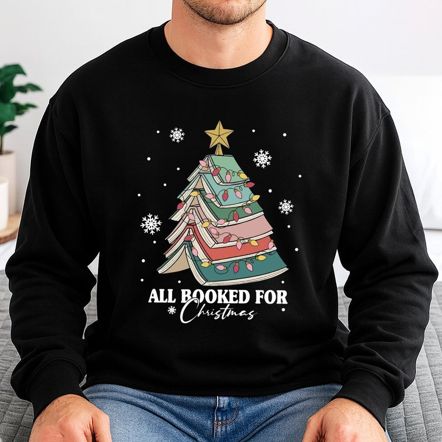 All Booked For Christmas Sweatshirt | Book Tree Graphic Design | Premium Cotton Blend | Gift For Book Lovers Readers Librarian Unisex Pullover