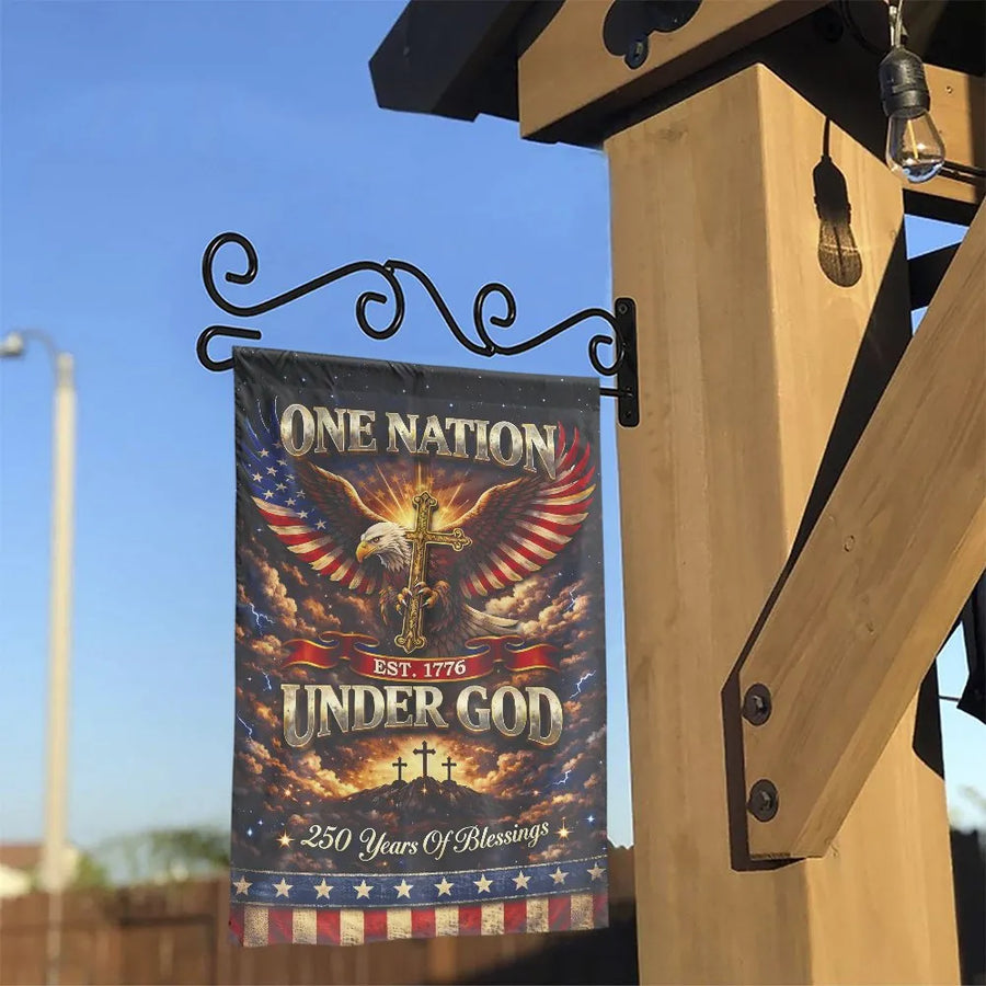 Patriotic Christian Garden Flag | One Nation Under God Eagle & Cross | Weather Resistant Double Sided Banner | USA 250th Anniversary Outdoor Decor Gift