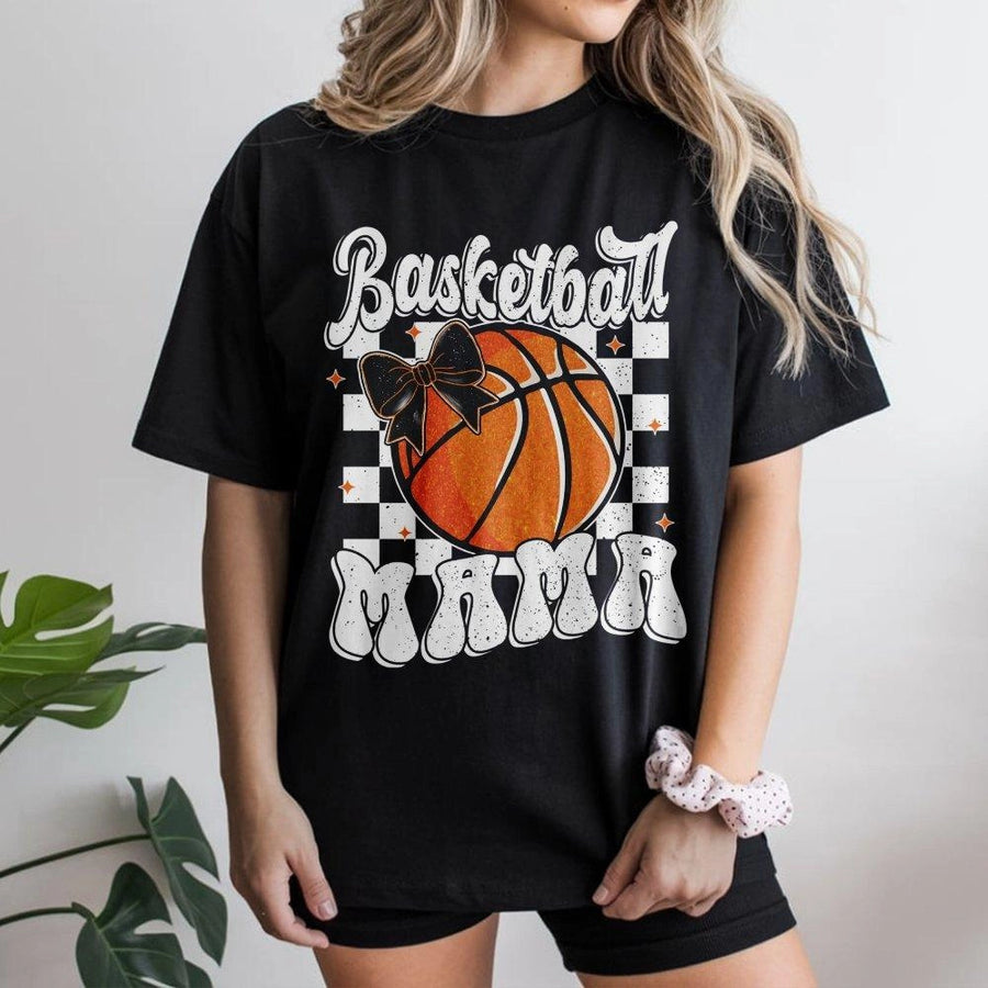 Basketball Mama T-Shirt | Retro Checkerboard Bow Graphic | Premium Soft Cotton | Stylish Game Day Gift for Basketball Moms