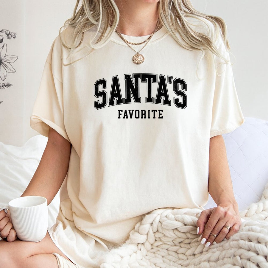 Santa's Favorite T-Shirt | Varsity Lettering Christmas Design | 100% Soft Cotton | Festive Holiday Gift for Family and Friends