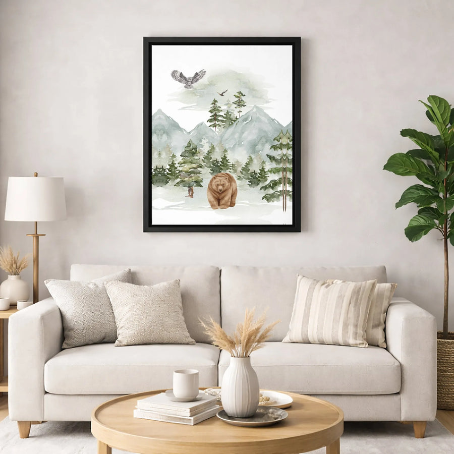 Watercolor Bear Wall Art | Mountain Forest Landscape Canvas | Premium Fade-Resistant Print | Rustic Woodland Nursery Decor