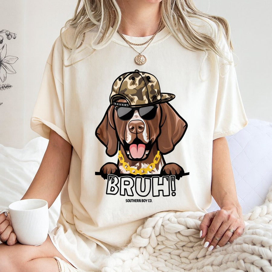 GSP Dog Graphic T-Shirt | Bruh Funny German Shorthaired Pointer Design | Premium 100% Cotton Tee | Gift for Dog Lovers & Country Boys