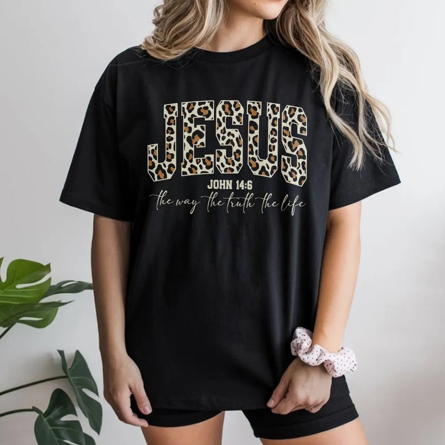 Christian T-Shirt for Women | Cheetah Print Jesus Bible Verse Pullover | Premium Cotton Blend | Faith Based Religious Gift