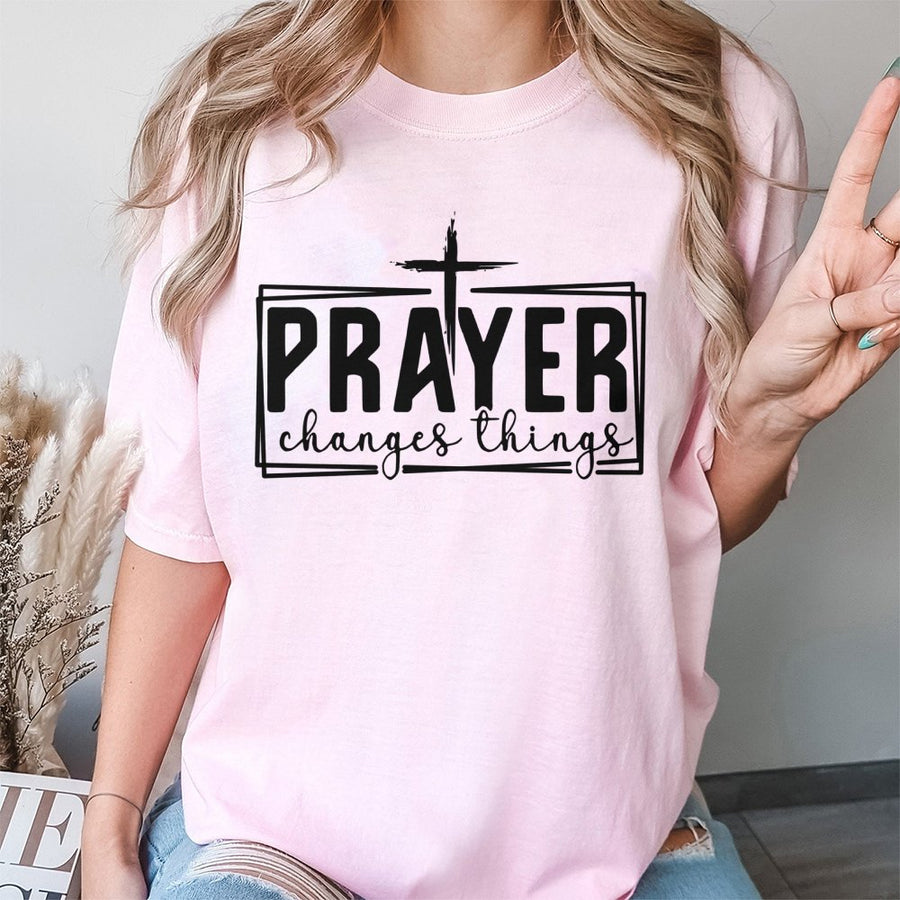 Prayer Changes Things T-Shirt | Minimalist Cross Religious Graphic | 100% Cotton Premium Tee | Faith-Based Inspirational Christian Gift