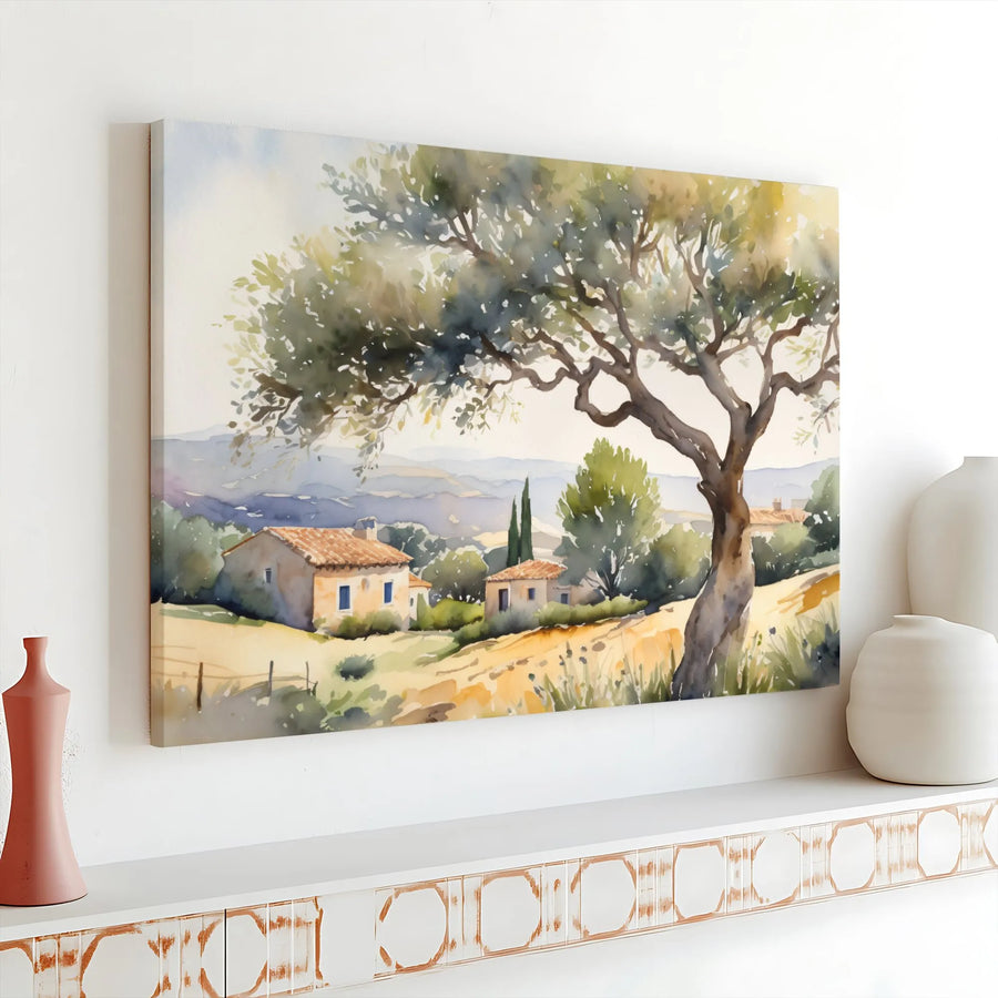 Tuscan Landscape Canvas Wall Art | Watercolor Olive Tree Painting | Premium Gallery Wrapped Canvas | Rustic Farmhouse Home Decor Gift