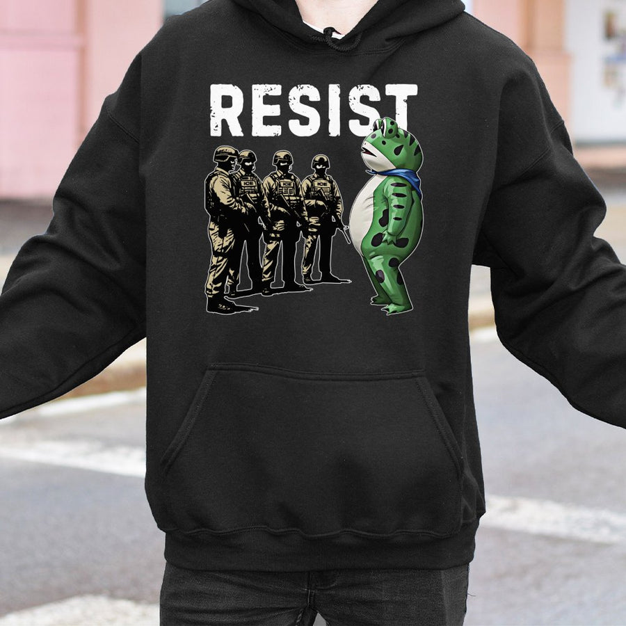 Resist Frog Hoodie | Activism Protest Graphic | Premium Cotton-Blend Apparel | Unisex Cozy Gift for Social Justice Advocates