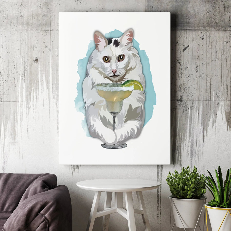 Funny Cat Canvas Wall Art | White Fluffy Kitten Sipping Margarita | Premium Gallery Wrap Print | Whimsical Kitchen & Bar Decor Gift