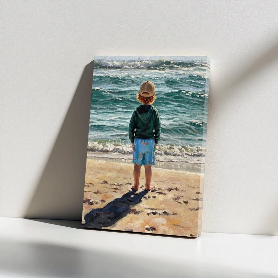 Boy by the Ocean Canvas Print | Nostalgic Painterly Seascape | Premium Gallery Wrap Canvas | Coastal Home Decor Gift