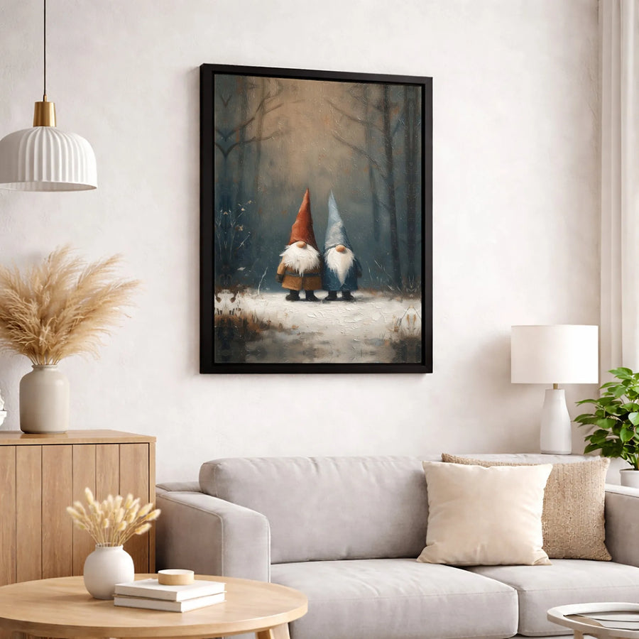 Winter Gnome Wall Art | Oil Painting Style Snowy Forest Scene | Premium Gallery-Wrapped Canvas | Festive Seasonal Home Decor Gift