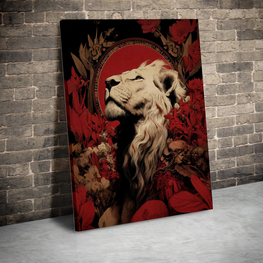 Majestic Lion Canvas Print | Regal Lion with Red Floral Design | Thick Gallery Wrap Canvas | Premium Living Room Decor Gift