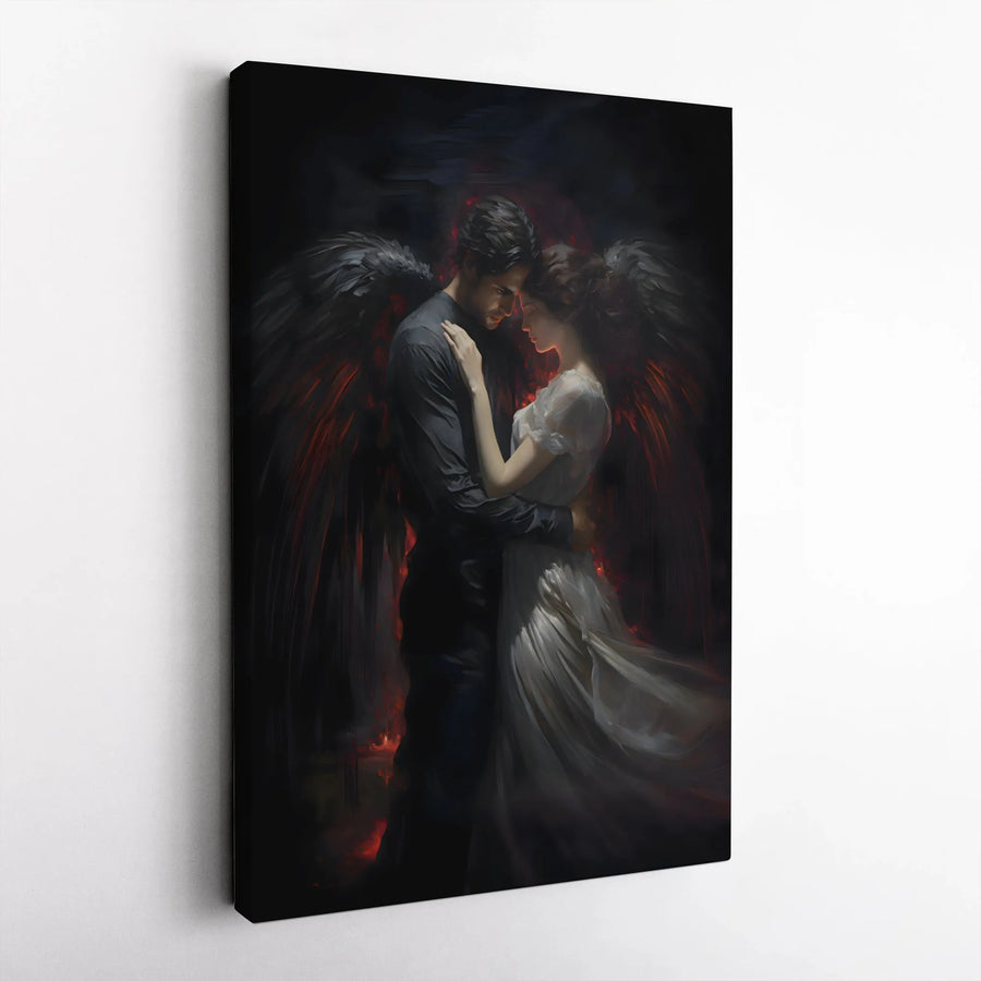 Dark Fantasy Angel Wall Art | Romantic Fallen Angel Embrace Canvas | Premium Gallery-Wrap Print | Gothic Bedroom Decor Gift for Couples