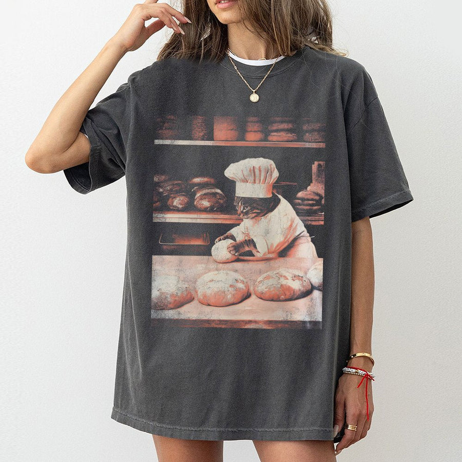 Funny Cat Baker T-Shirt | Chef Kitten Kneading Dough Graphic | 100% Cotton Premium Tee | Unique Gift for Bakers and Cat Lovers