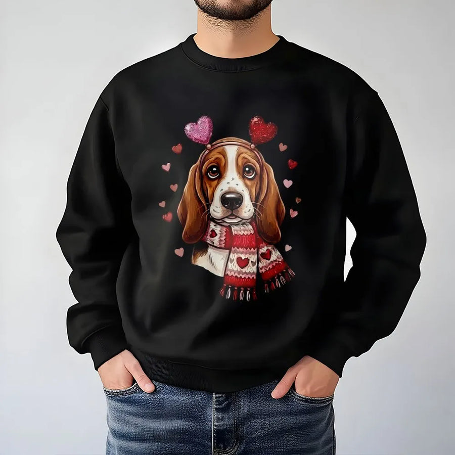 Basset Hound Valentine Sweatshirt | Cute Dog Heart Scarf Print | Premium Cotton Blend Crewneck | Dog Mom Lover Gift Idea
