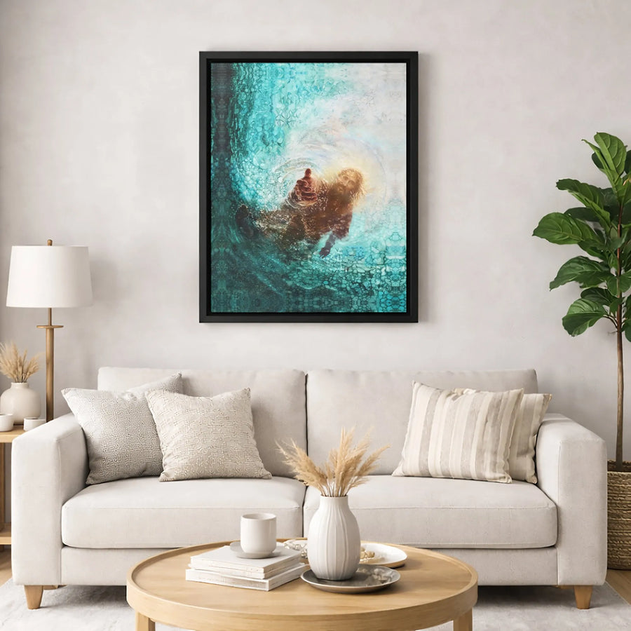 Jesus Reaching Hand From Water Canvas | Christian Religious Wall Art | Premium Fade-Resistant Gallery Print | Inspiring Spiritual Home Decor Gift