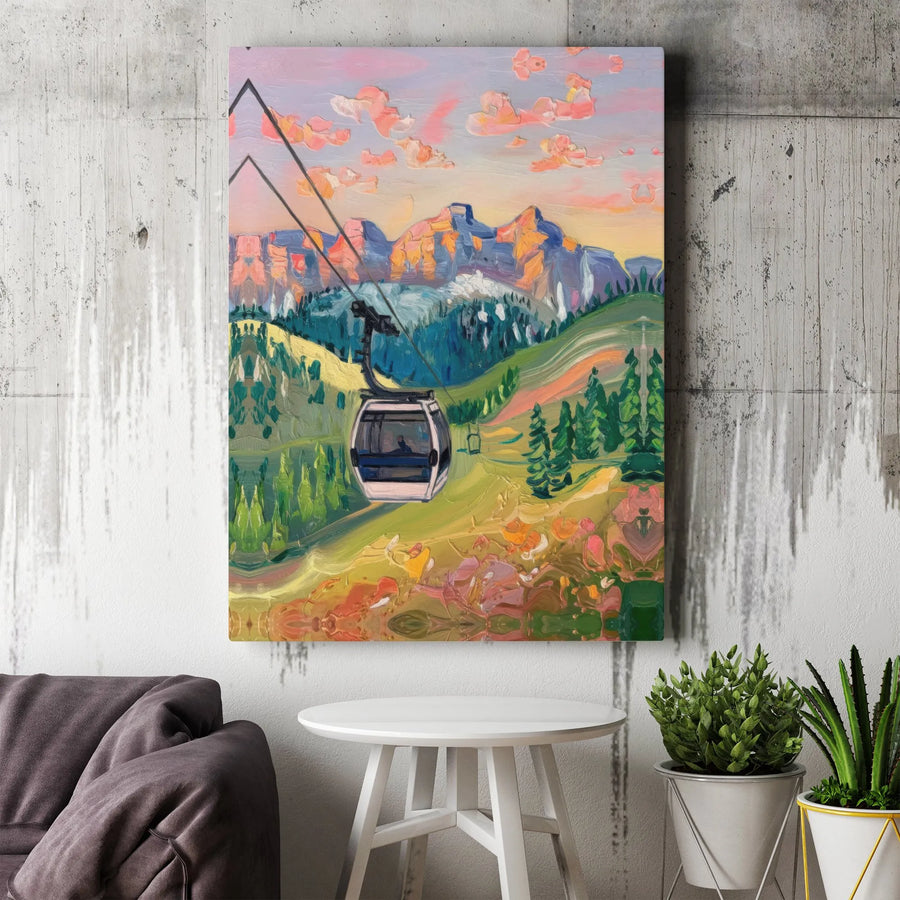 Scenic Gondola Mountain Vertical Canvas | Colorful Impressionist Ski Resort Landscape Wall Art | Premium 1.25 Inch Thick Frameless Canvas Print | Vibrant Winter Sports Cabin Decor Gift