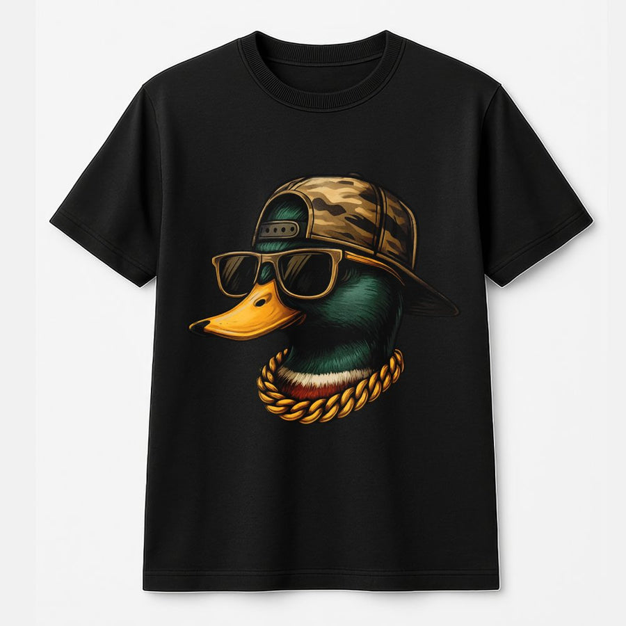 Cool Duck Graphic T-Shirt | Mallard Duck With Camo Hat And Gold Chain | 100% Premium Cotton | Funny Streetwear Gift For Hunters And Bird Lovers