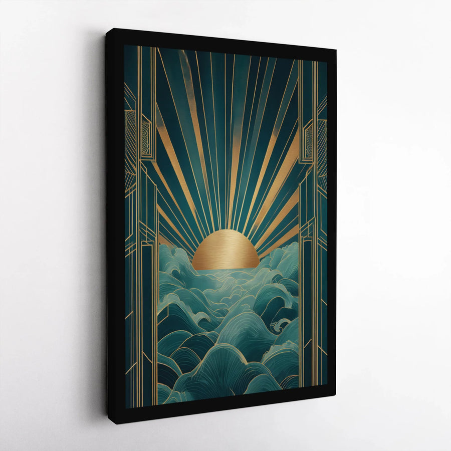 Art Deco Canvas Wall Art | Geometric Golden Sunburst Over Ocean Waves | Premium Thick Gallery Wrap | Modern Home Decor Gift