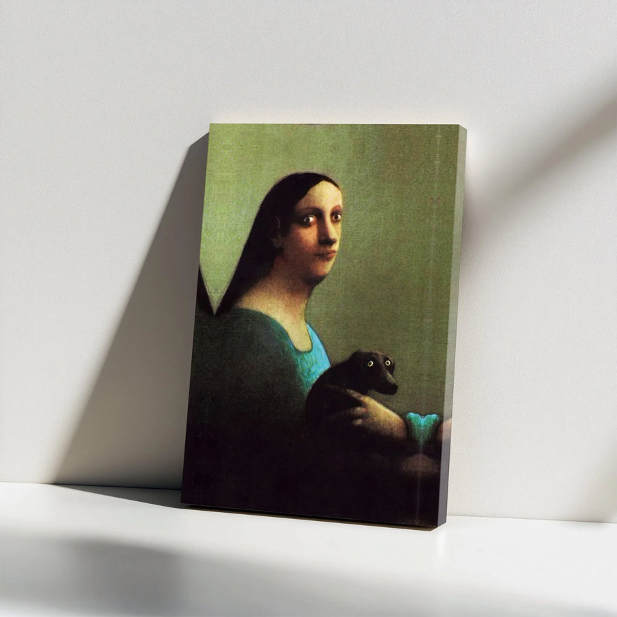 Funny Cursed Dog Meme Canvas Print | Renaissance Woman with Dog Painting | Premium Stretched Canvas | Unique Dark Academia Wall Art Gift