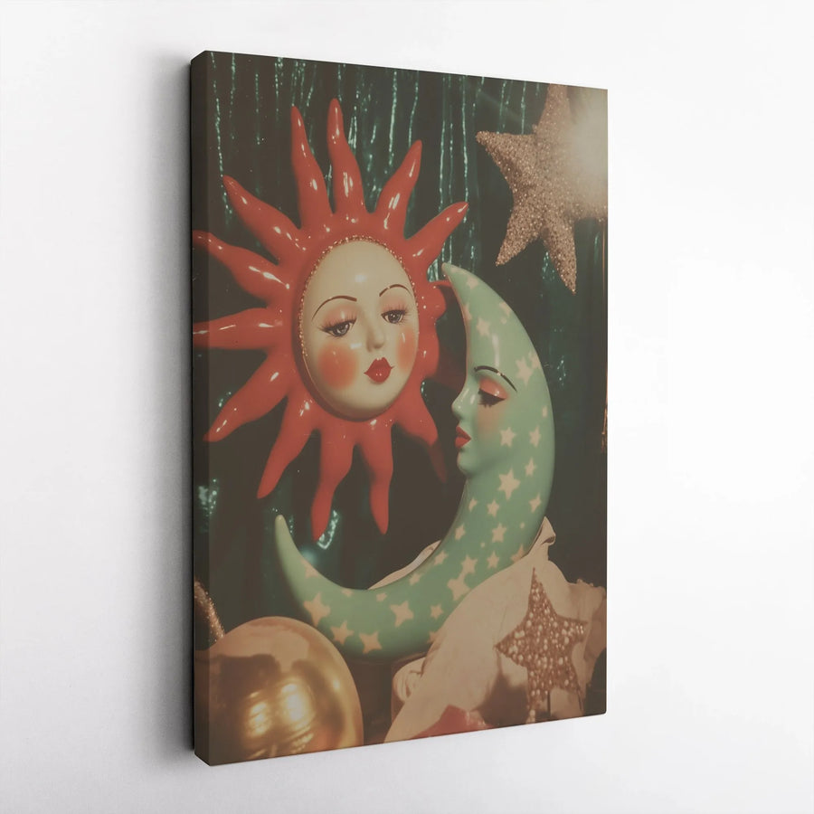 Vintage Celestial Sun and Moon Canvas | Whimsical Gold and Teal Art | Premium Fade-Resistant Print | Wall Decor Gift for Mystical Home Lovers