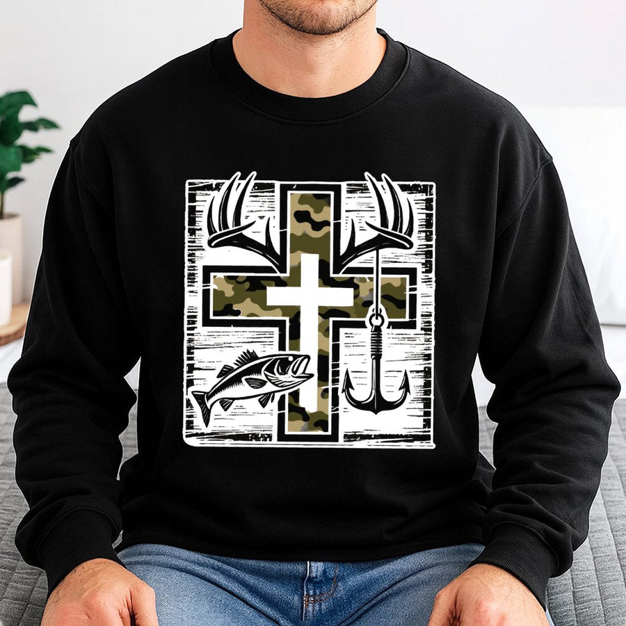 Fishing Cross Sweatshirt | Camo Deer Antler and Bass Graphic | Premium Cotton Blend | Christian Outdoor Apparel Gift for Men and Women