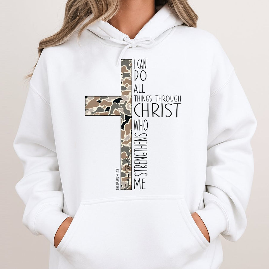 Philippians 4:13 Camo Cross Hoodie | Christian Bible Verse Graphic | Premium Cotton Blend | Faith-Based Religious Gift for Women & Men