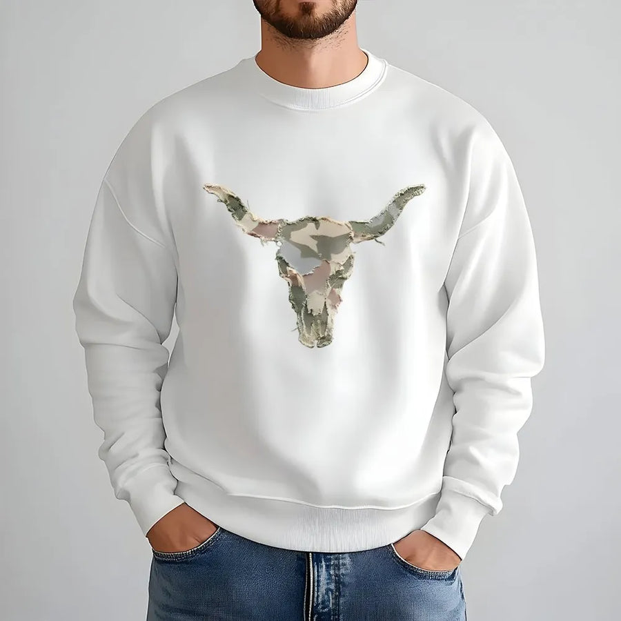 Western Cow Skull Sweatshirt | Camo Patchwork Longhorn Graphic | Soft Comfort Colors Tee | Rustic Farmhouse Gift for Men and Women