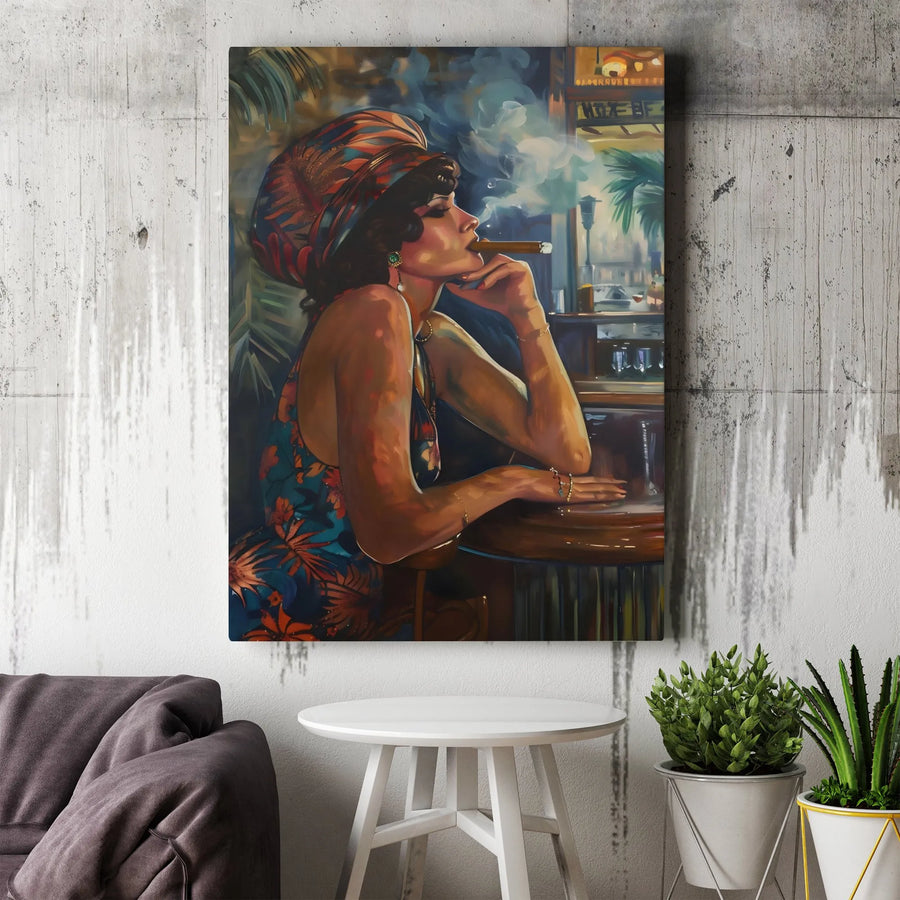 Elegant Woman Smoking Cigar Canvas Print | Vintage Speakeasy Bar Painting | Premium Gallery Wrapped Canvas | Man Cave & Home Bar Decor Gift