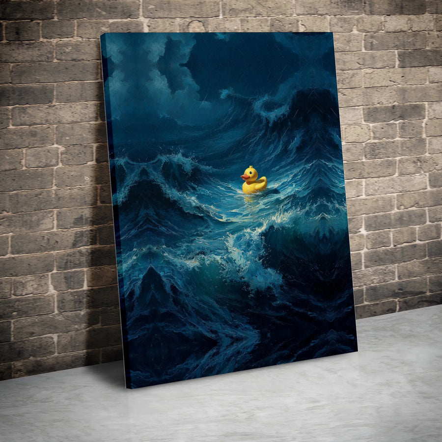 Funny Rubber Duck Canvas Wall Art | Surreal Stormy Ocean Painting | Premium Gallery Wrapped Print | Unique Motivational Decor Gift for Home or Office