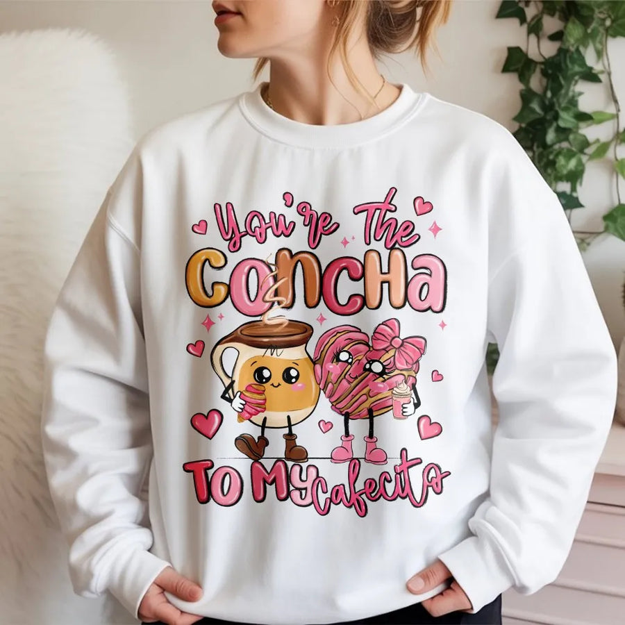 Concha To My Cafecito Sweatshirt | Cute Mexican Food Graphic | Premium Cotton Blend | Funny Valentine Gift for Coffee and Pastry Lovers