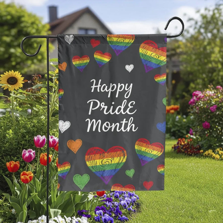 Happy Pride Month Garden Flag | Double Sided Chalkboard Rainbow Hearts Design | Weather Resistant Premium Polyester | LGBTQ+ Community Support Outdoor Yard Decor Gift