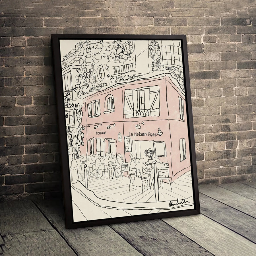 La Maison Rose Paris Canvas Print | Minimalist Montmartre Line Drawing Art | Gallery-Quality Stretched Decor | Romantic French Travel Gift