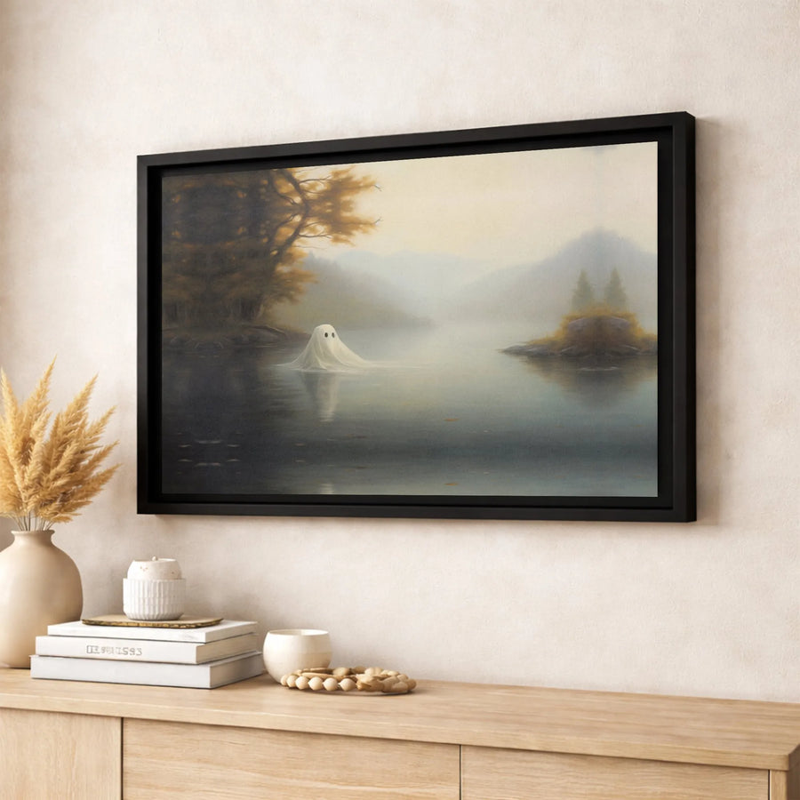 Sheet Ghost Canvas Art | Ethereal Misty Lake Landscape Print | 1.25-inch Premium Gallery Profile | Spooky Whimsical Home Decor Gift