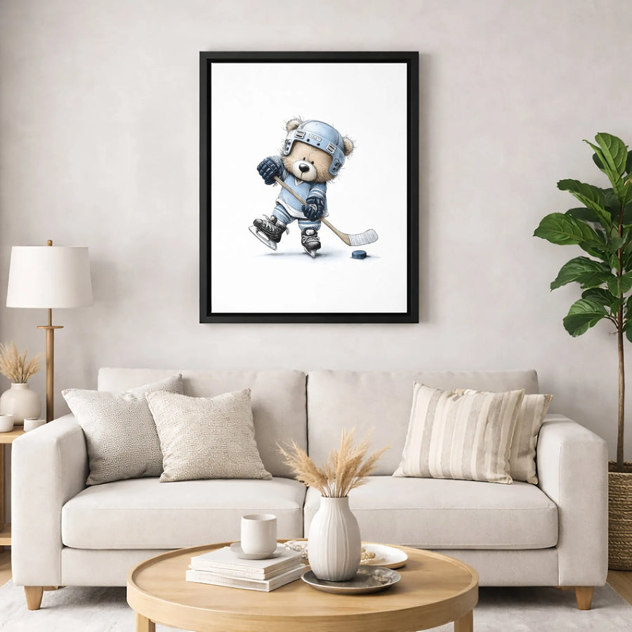 Hockey Teddy Bear Wall Art | Cute Animal Sports Illustration | Premium Gallery Wrapped Canvas | Nursery Decor or Sports Fan Gift